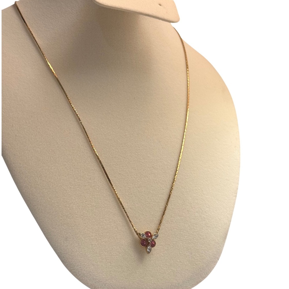 Avon Flower Pendant Necklace Women 18" Gold Tone Pink Clear Rhinestone Vintage